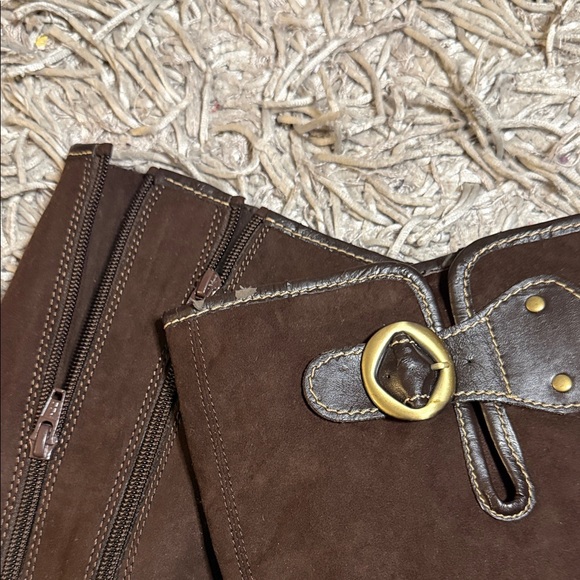 AEROSOLES Dark Brown Suede Wedge Knee Boots with Gold Buckles - Picture 4 of 4